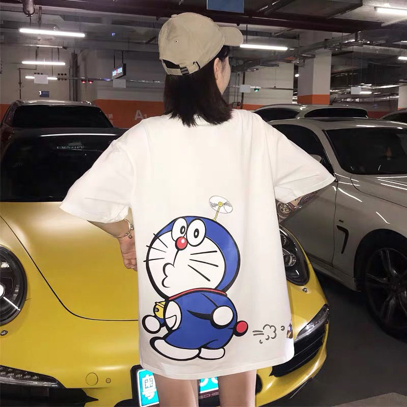 Summer national trend cartoon Doraemon relaxed student Harajuku style long lovers short sleeve t-shirt men and women trend