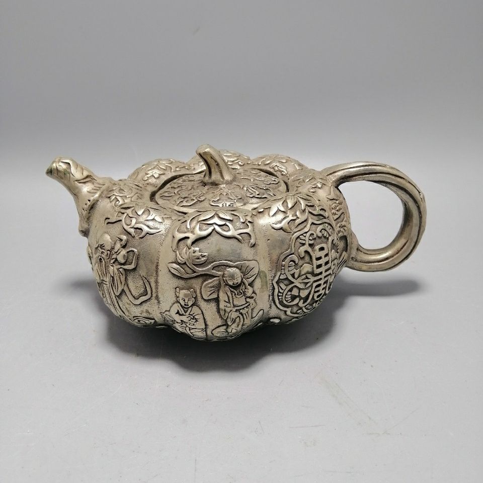 仿古铜器铜壶 纯铜南瓜壶摆件 乾隆年制铜水壶茶壶古玩工艺品