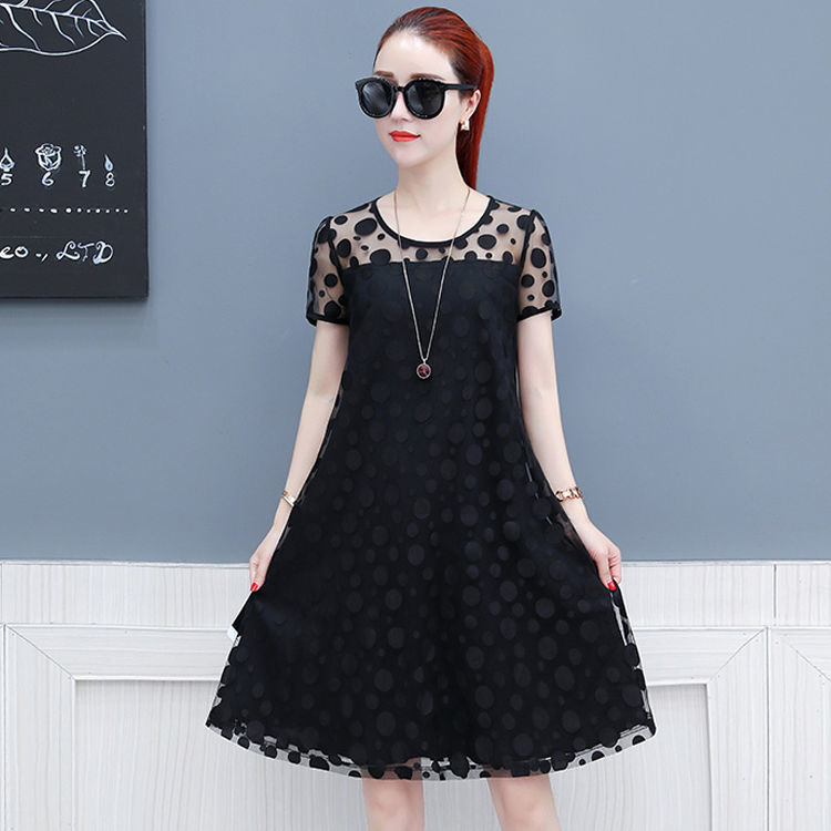 Lace mesh dress women's dress 2020 new mid long Korean version loose and large A-line skirt for women