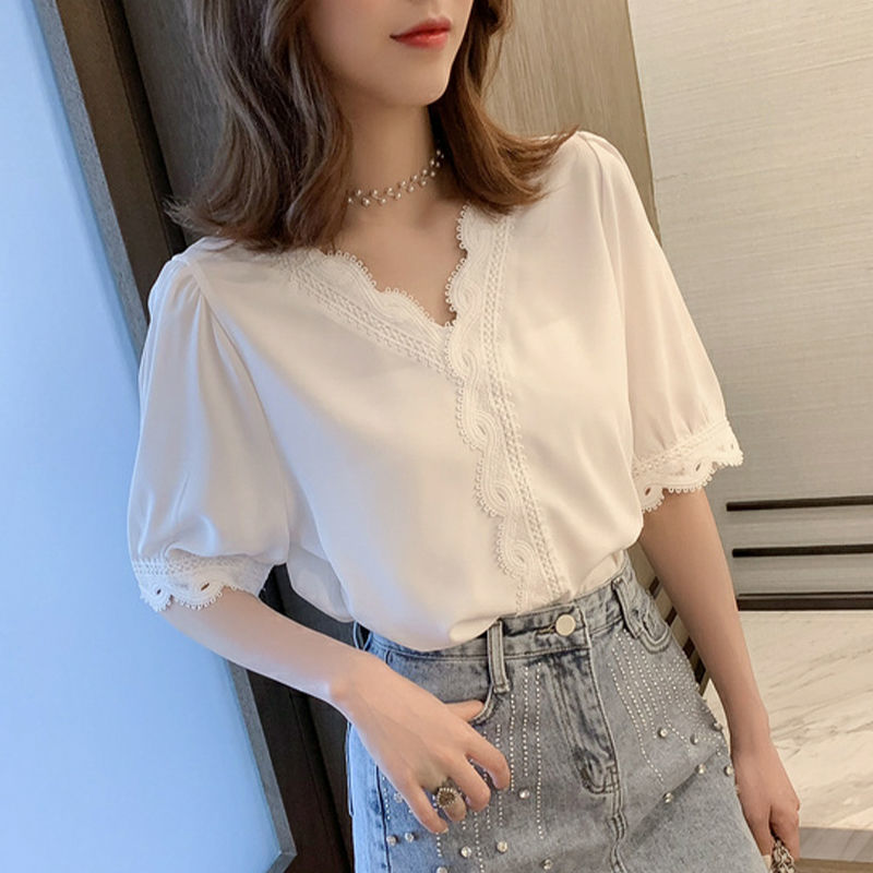 Shirt women design sense minority top 7 / 4 sleeve loose Korean summer T-shirt lace stitching chiffon shirt ins