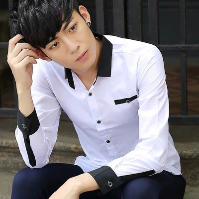 春秋季男士长袖白衬衫韩版修身黑纯色大码薄款衬衣男商务职业工装