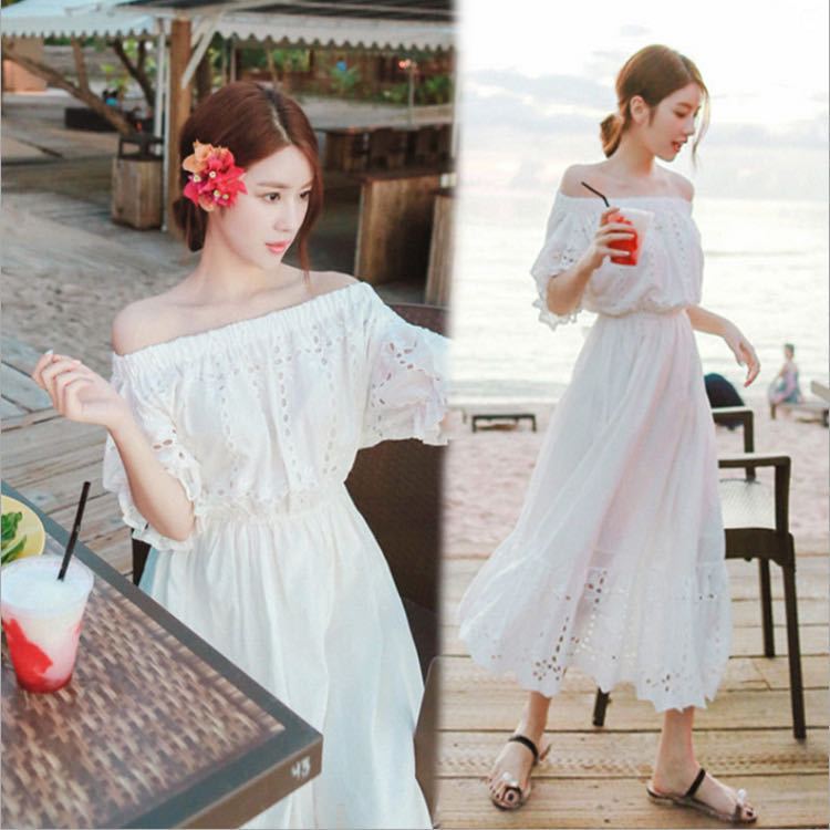 One shoulder white dress Xia xianshou Chaoxian seaside holiday beach skirt sexy off shoulder bohemian dress