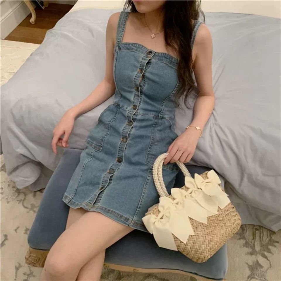 2020 new spring and summer back strap net red sling single breasted denim waist closing looks thin and sexy hip wrap dress
