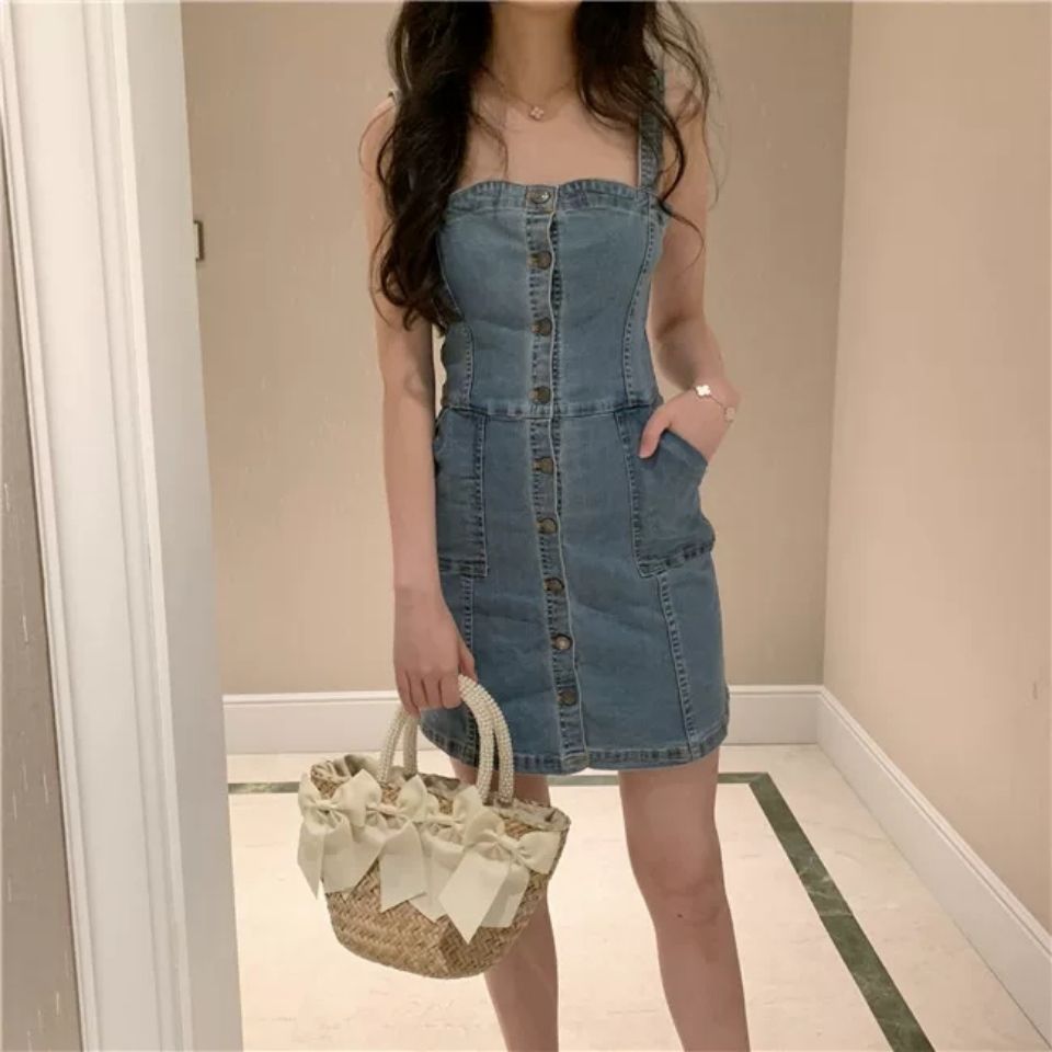 2020 new spring and summer back strap net red sling single breasted denim waist closing looks thin and sexy hip wrap dress