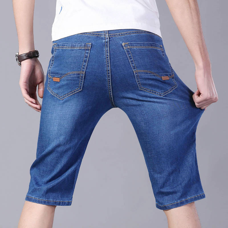 Two pack] summer elastic denim shorts men's thin straight loose Capri pants casual breeches Capri Pants