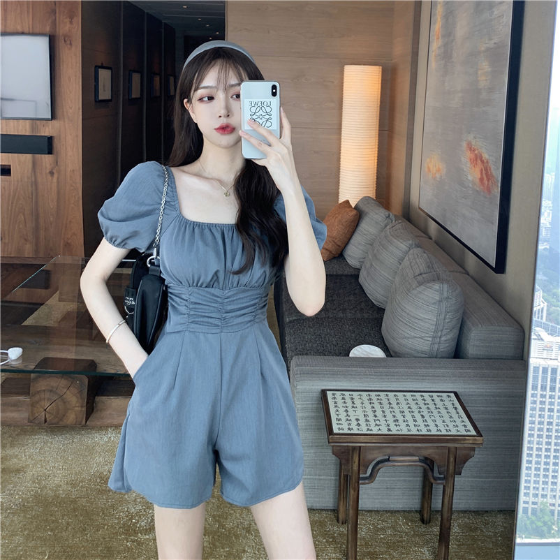 Summer new 2020 Korean version high waist pleated wide leg pants Jumpsuit women's bubble sleeves waist closed off shoulder Jumpsuit [to be delivered within 7 days]