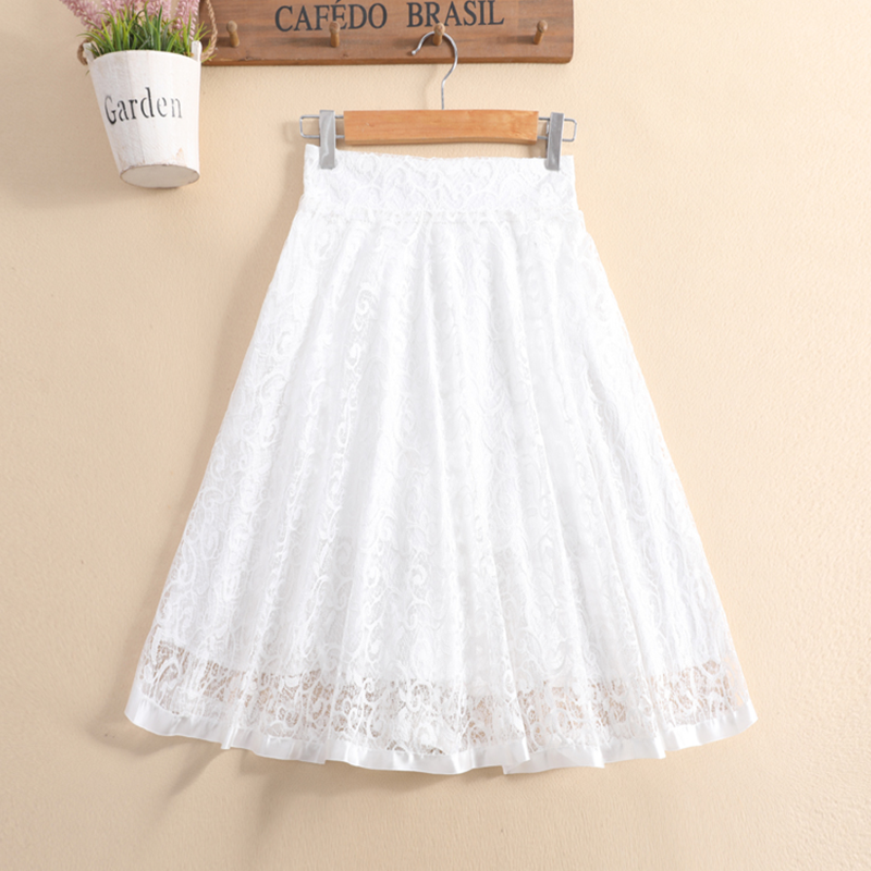Summer lace skirt white medium length large swing skirt middle skirt high waist half skirt female fluffy skirt umbrella skirt short skirt