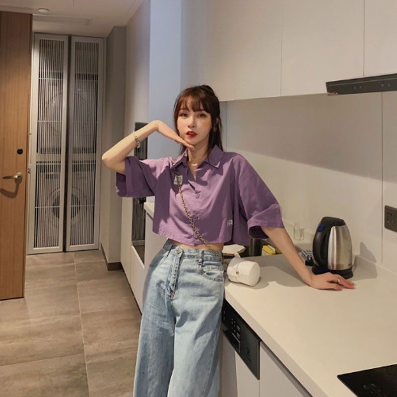 Summer new loose and thin retro Hong Kong style shirt women's design sense niche foreign style purple short top women's fashion