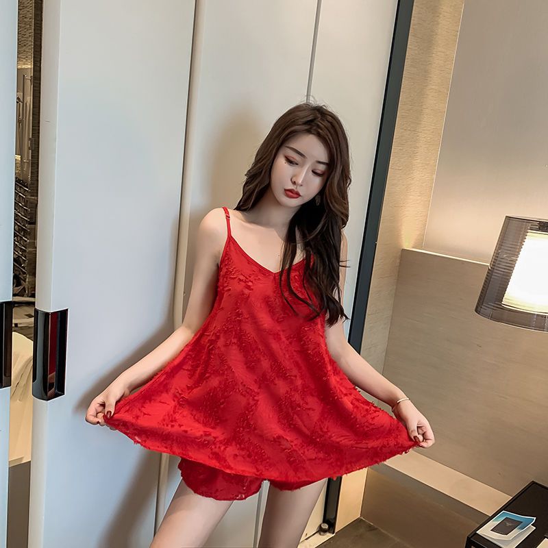 Spring and summer micro penetration lace pajamas women's suit new Korean sexy suspender skirt shorts loose two piece home suit