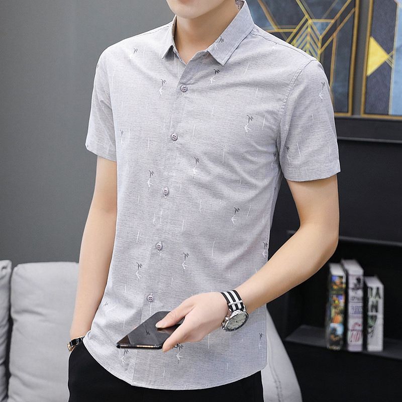 White shirt men's short-sleeved summer Korean style trendy handsome shirt printed slim men's clothing youth outerwear inch shirt clothes