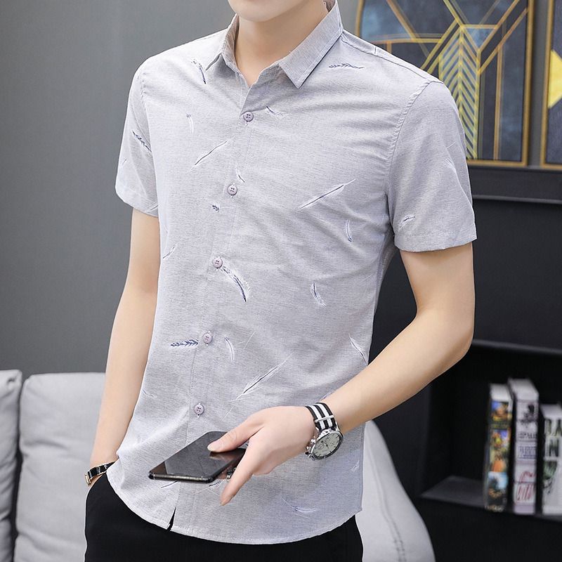 White shirt men's short-sleeved summer Korean style trendy handsome shirt printed slim men's clothing youth outerwear inch shirt clothes