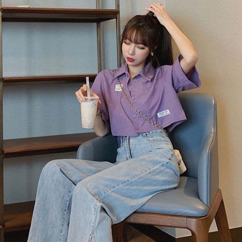 Summer new loose and thin retro Hong Kong style shirt women's design sense niche foreign style purple short top women's fashion