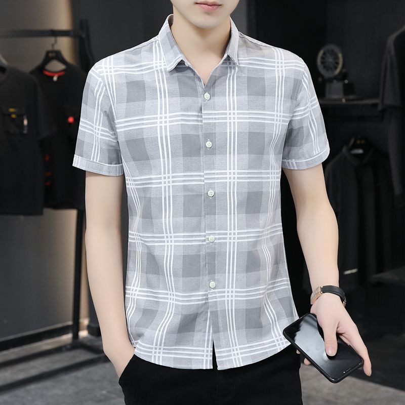新品男装夏季短袖衬衫男士韩版潮流格子衬衣商务修身寸衫青年衣服