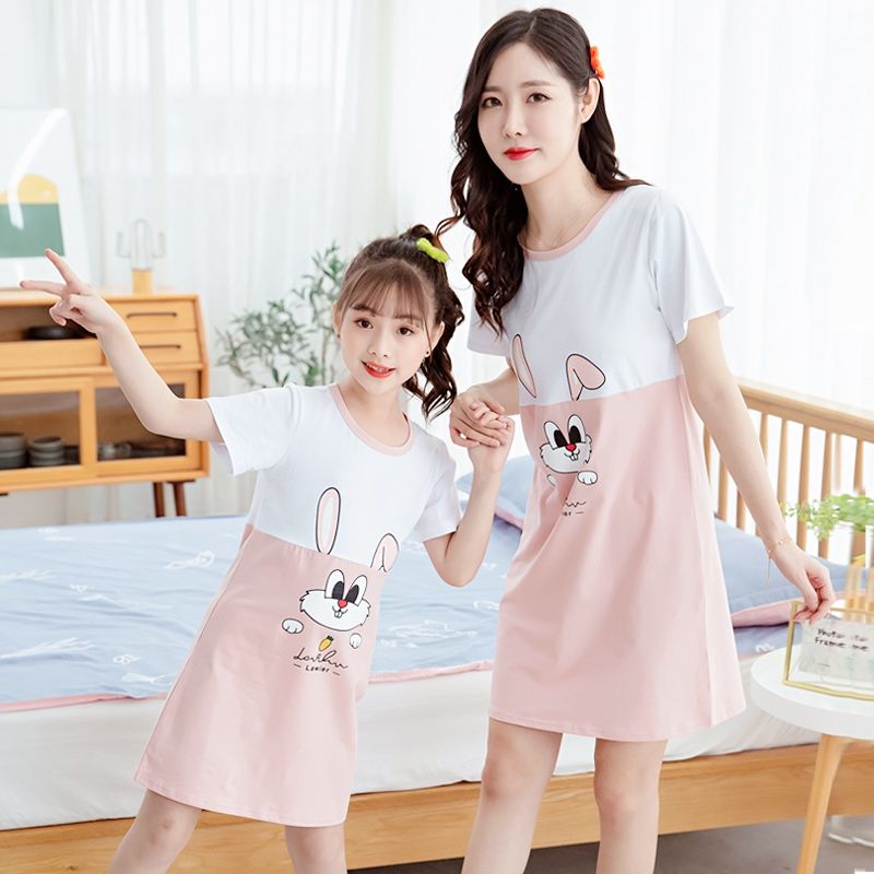 Girls pure cotton nightgown summer parent-child mother-daughter children's pajamas girls short-sleeved home clothes thin princess dress