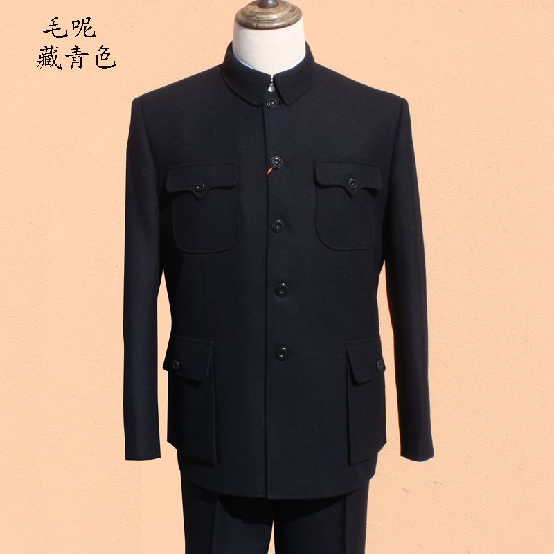 秋冬款中老年中山装男套装羊毛呢毛料加厚中山服毛呢老年人厚外套