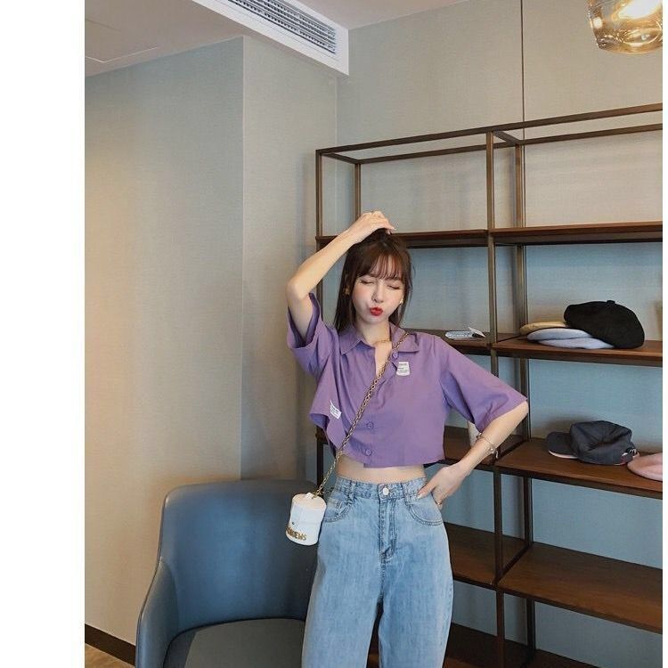 Summer new loose and thin retro Hong Kong style shirt women's design sense niche foreign style purple short top women's fashion