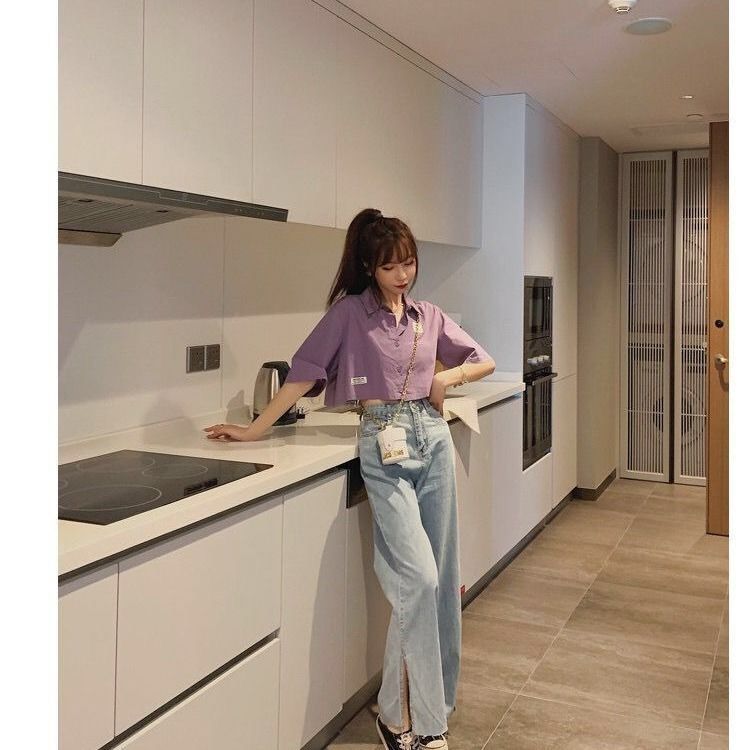 Summer new loose and thin retro Hong Kong style shirt women's design sense niche foreign style purple short top women's fashion