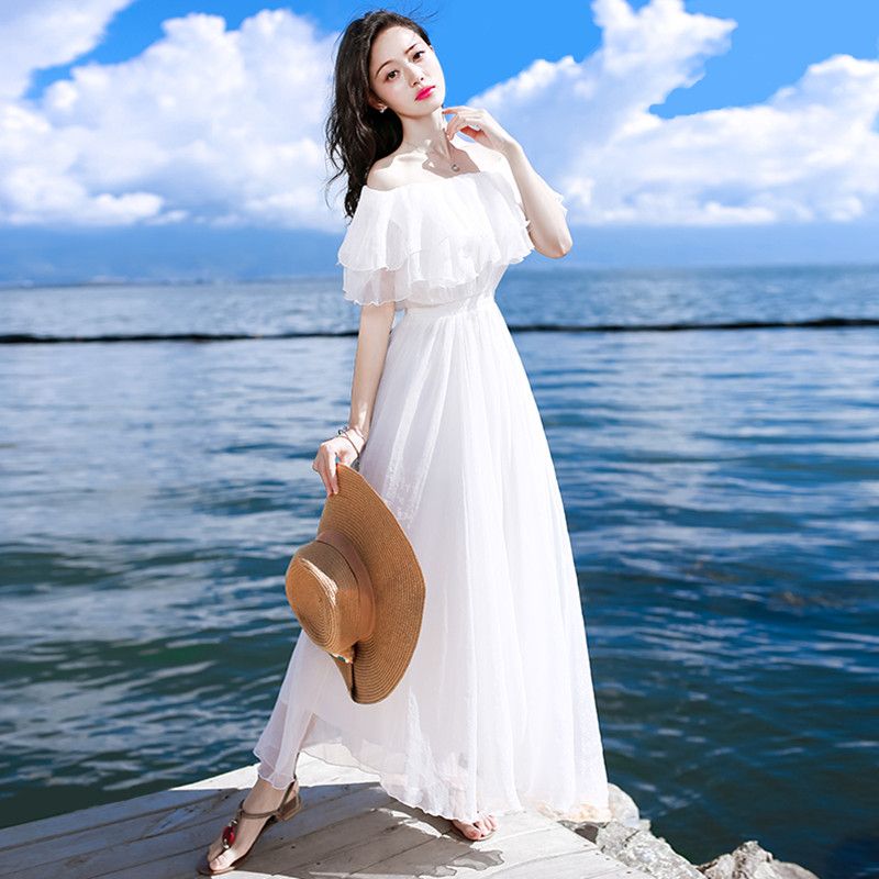 白色露肩雪紡連衣裙夏季新款女韓版一字領高腰顯瘦度假沙灘裙子仙