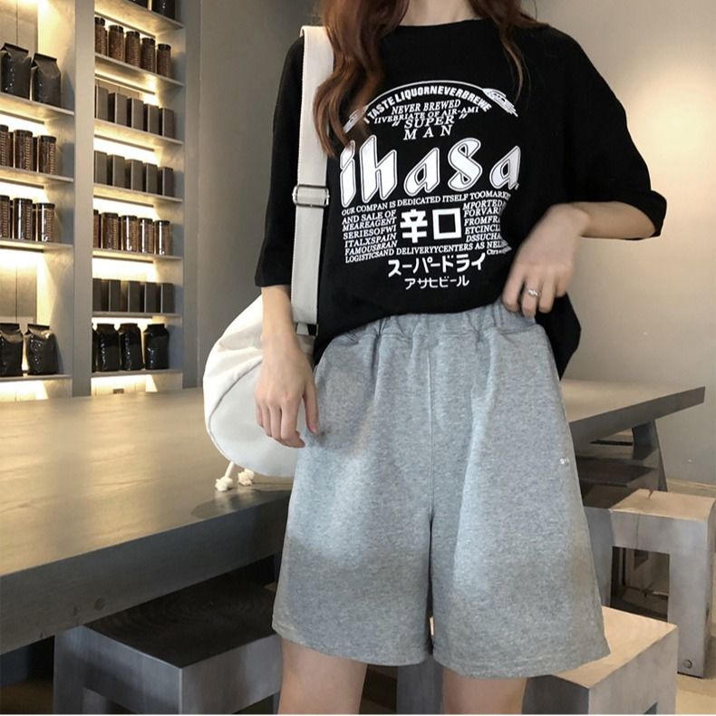 2022 summer new CEC Pants Black cropped pants women's loose wide leg casual sports Korean shorts ins fashion