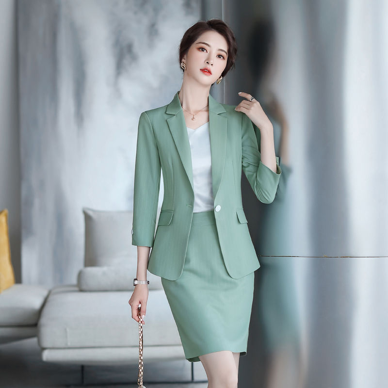Green professional suit women's skirt suit 2023 spring and summer new fashion goddess fan temperament OL business wear overalls