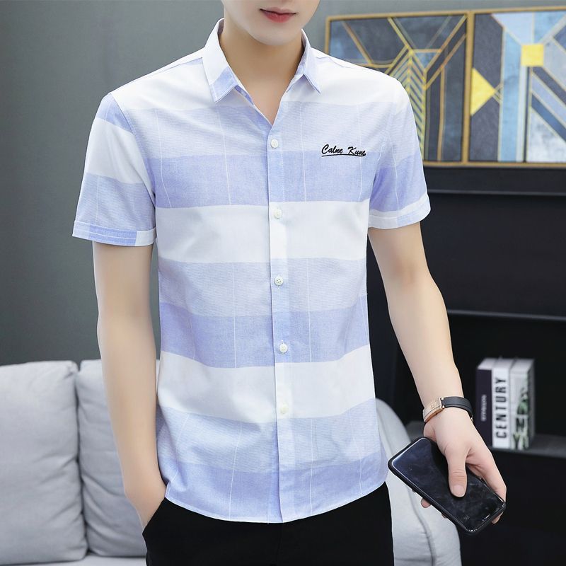 新品男装夏季短袖衬衫男士韩版潮流格子衬衣商务修身寸衫青年衣服