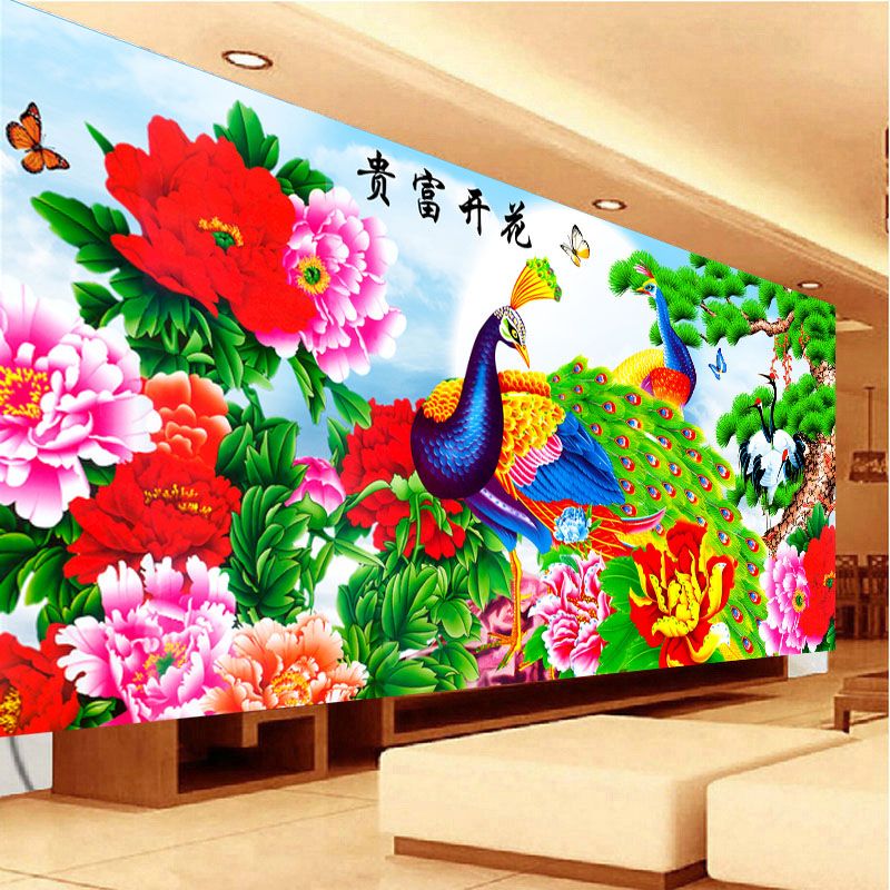 钻石画满钻客厅2020新款十字绣花开富贵牡丹大幅中式孔雀印花线绣【3