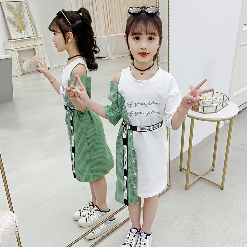 女童連衣裙夏裝2020新款女童中大童韓版時尚夏季洋氣露肩連衣裙潮