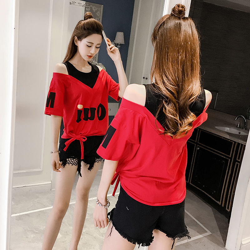 Large size women's short sleeve summer Korean loose thin T-shirt two off shoulder students' fake irregular bottomed shirts