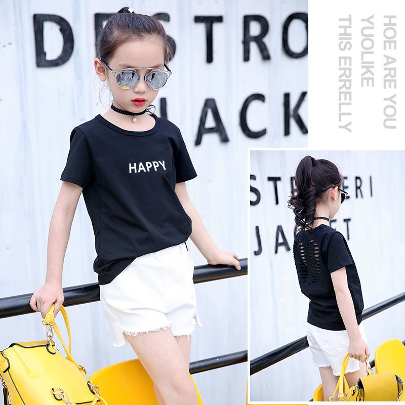 95 cotton girls' short sleeve T-shirt 2020 summer fashion children's foreign style top medium and large children's round neck hollowed out T-shirt