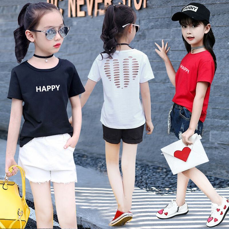 95 cotton girls' short sleeve T-shirt 2020 summer fashion children's foreign style top medium and large children's round neck hollowed out T-shirt