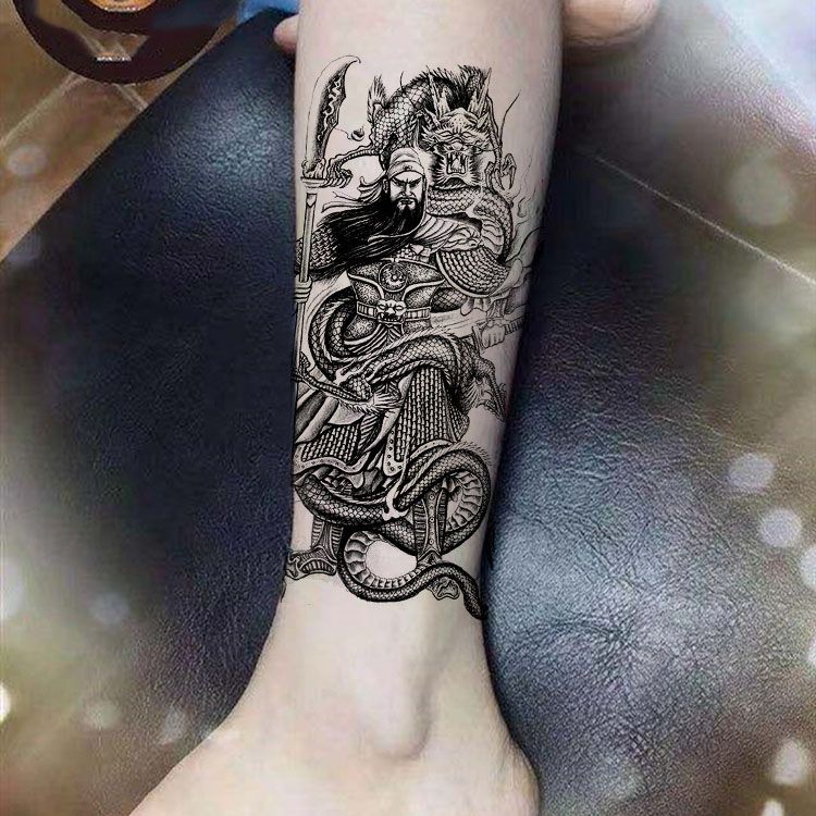 大刀关羽关公防水纹身贴男女花臂小腿胸前仿真持久防汗刺青关二爷 虎窝拼