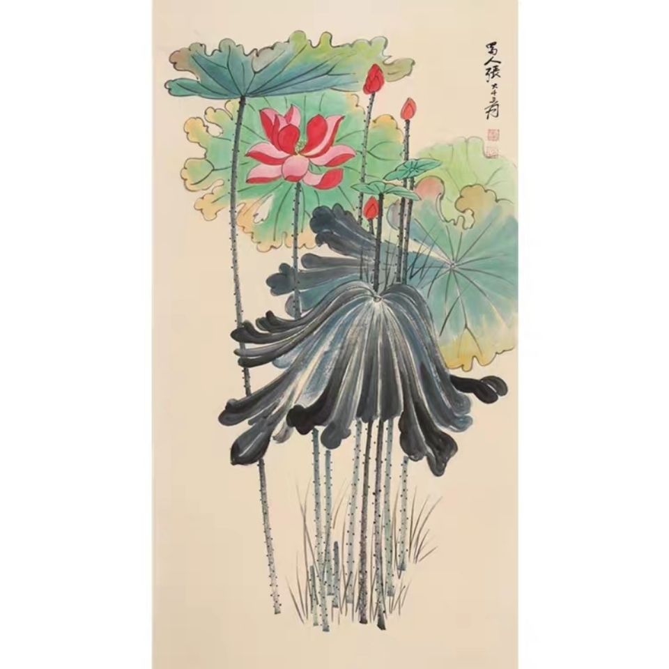 张大千字画手绘三尺荷花竖幅办公室客厅装饰收藏赠证书包邮