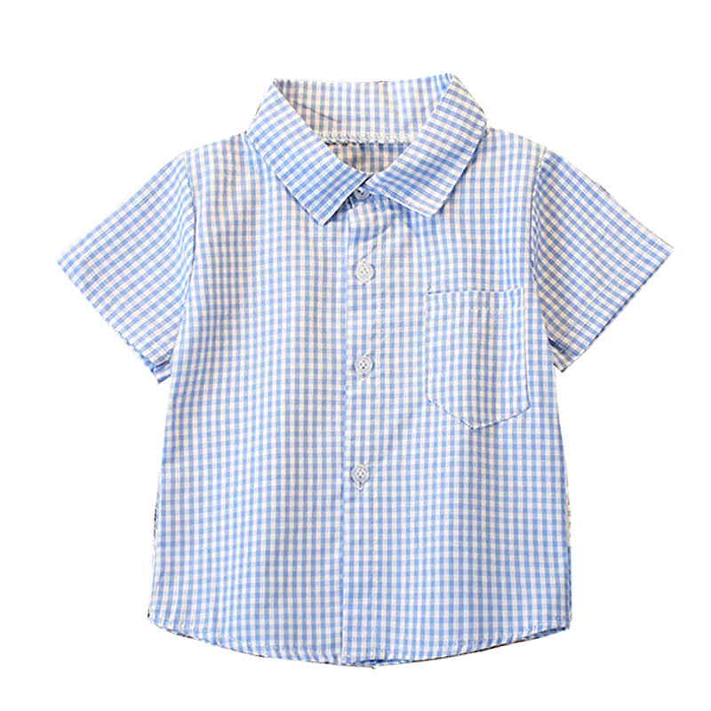 童装男童短袖衬衫2023夏季新款儿童格子衬衣纯棉翻领上衣洋气休闲