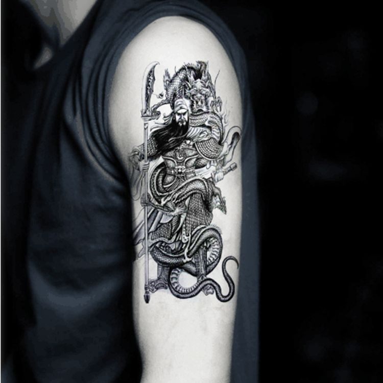 大刀关羽关公防水纹身贴男女花臂小腿胸前仿真持久防汗刺青关二爷 虎窝拼