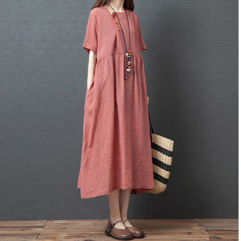 棉麻短袖连衣裙夏季新品宽松大码格子文艺中式盘扣显瘦亚麻中长裙