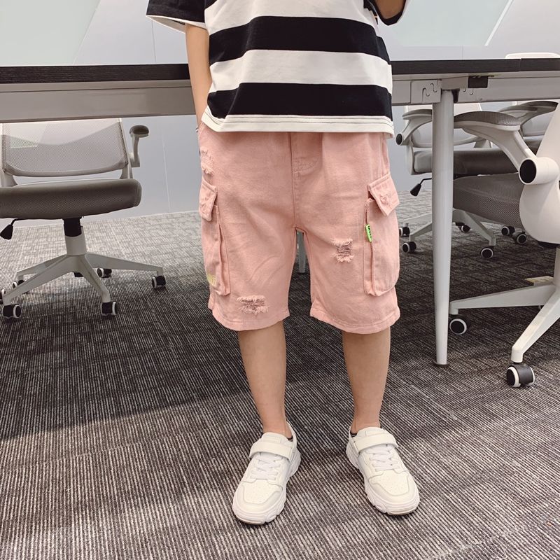 夏季男童短褲薄款中大兒童休閒工裝中褲韓版彩色洋氣破洞七分褲潮