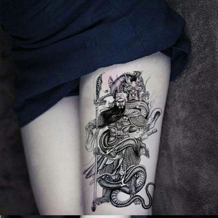 大刀关羽关公防水纹身贴男女花臂小腿胸前仿真持久防汗刺青关二爷 虎窝拼