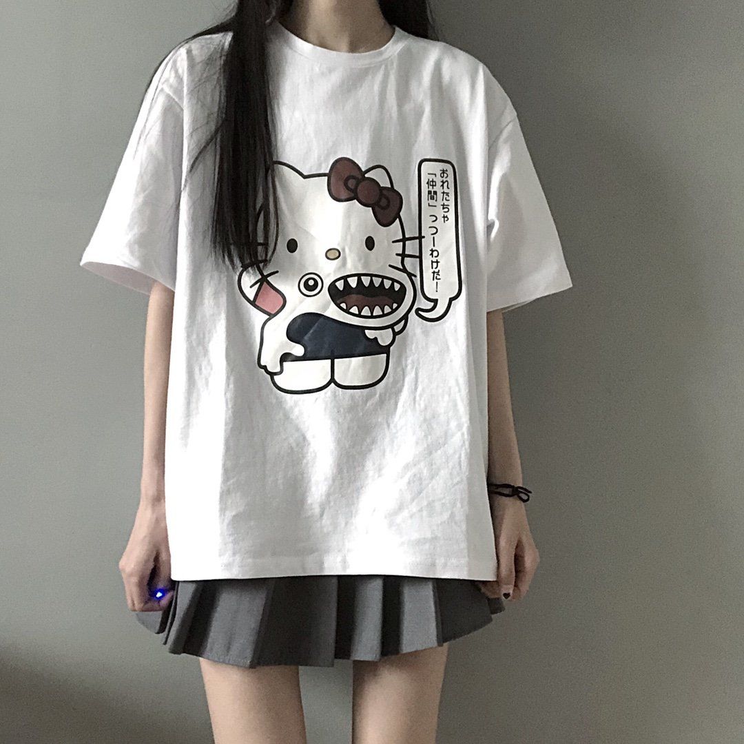 Summer ins Korean version BF Harajuku relaxed retro versatile couple's cartoon Kitty print short sleeve T-shirt