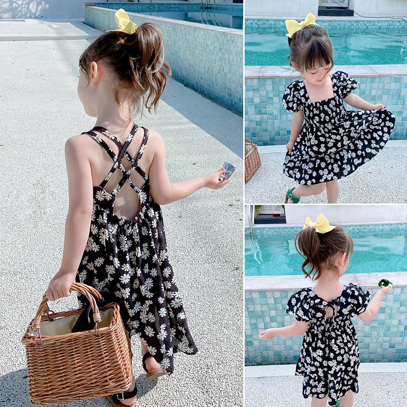 2020 Girls Summer new net red little Daisy chiffon dress baby exotic broken flower suspender princess skirt