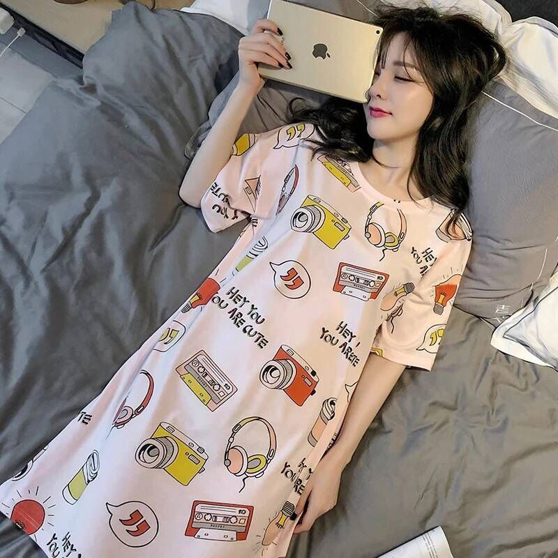 Large size pajamas women summer thin Korean version loose and lovely student cartoon nightdress women summer short sleeve home wear