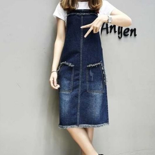Large women's fat mm 2020 spring and summer Korean denim vest dress 200kg medium length slim strap skirt