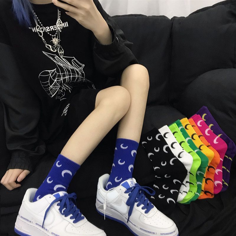Internet celebrity moon socks women's Korean version of the mid-tube fluorescent color rose red fructose color all-match Japanese personality ins long socks