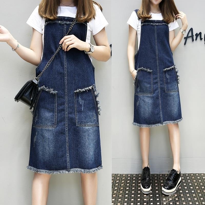 Large women's fat mm 2020 spring and summer Korean denim vest dress 200kg medium length slim strap skirt