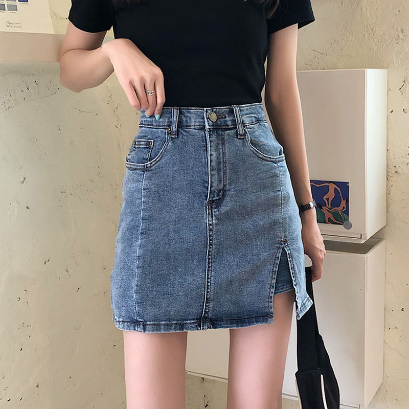 Retro Hong Kong Style split denim skirt for women summer 2020 new high waist A-line skirt