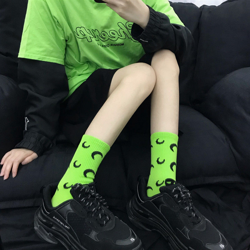 Internet celebrity moon socks women's Korean version of the mid-tube fluorescent color rose red fructose color all-match Japanese personality ins long socks