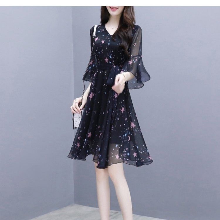 Chiffon dress women's summer dress new floral waist show thin temperament, black super xiansen long skirt