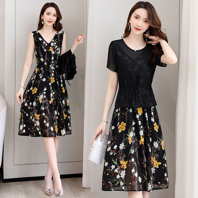 Single / set summer women's new Chiffon large Floral Dress