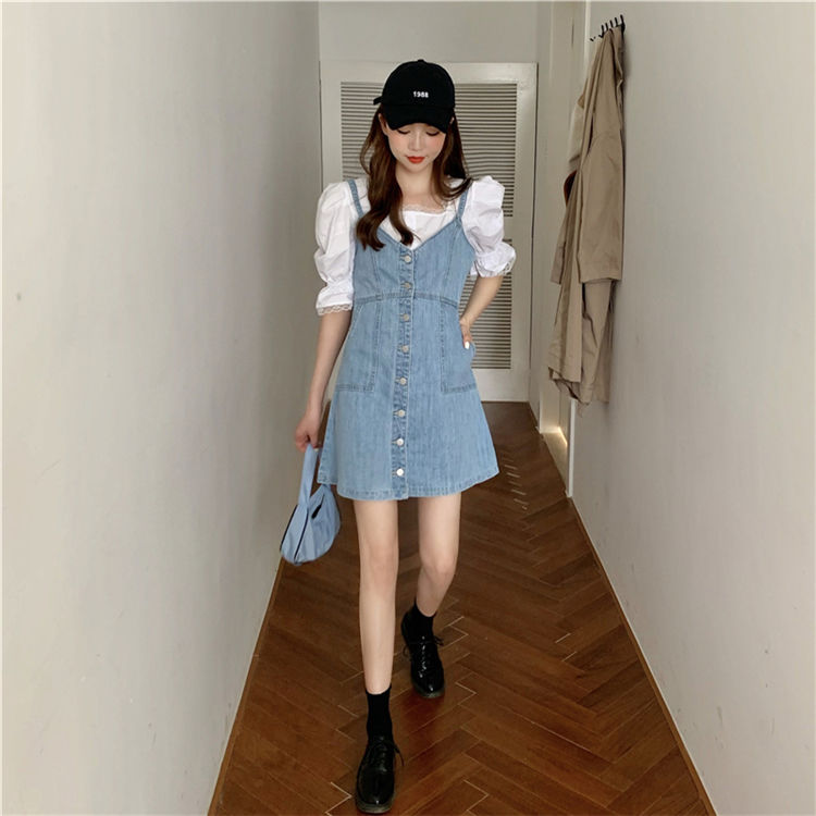 Summer 2020 new Korean style slim and slim denim sling skirt single breasted V-neck short skirt dress for women