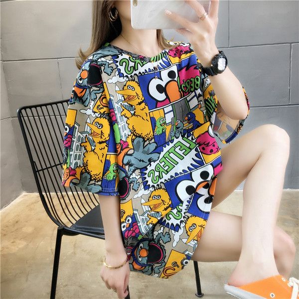 Net red super fire CEC short sleeve 2020 new cartoon mm spring and summer mid length T-shirt women's Korean loose top fashion