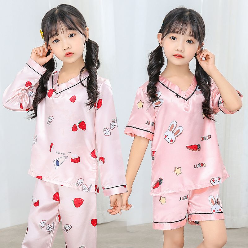 Summer children's pajamas thin girls ice silk short sleeve suit air conditioning clothes girls lovely silk home clothes
